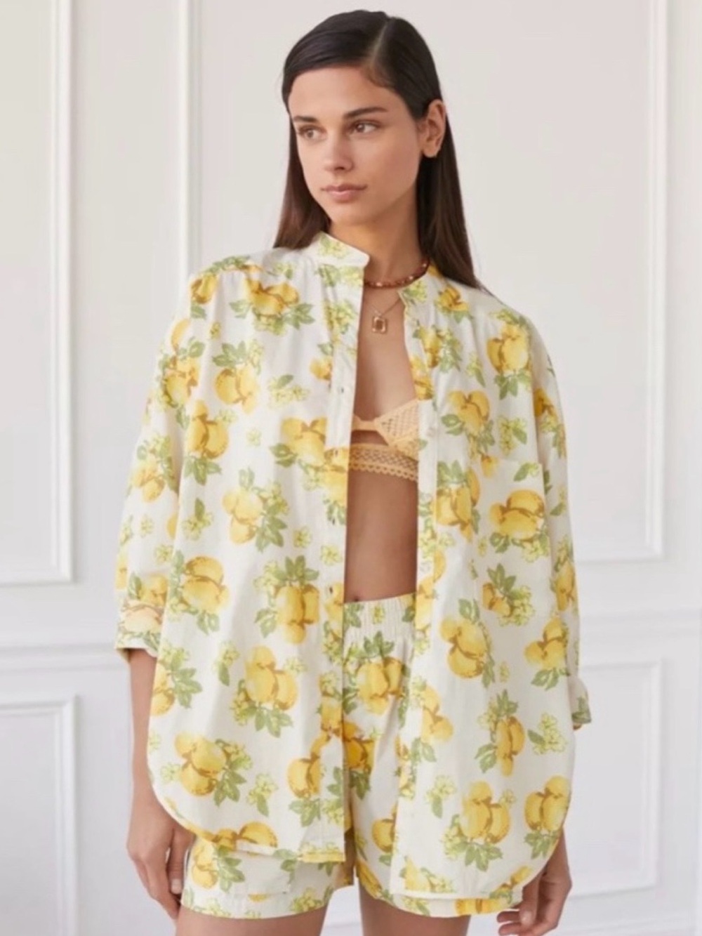 Urban Outfitters White Button-Down Top with Yellow Lemon Print